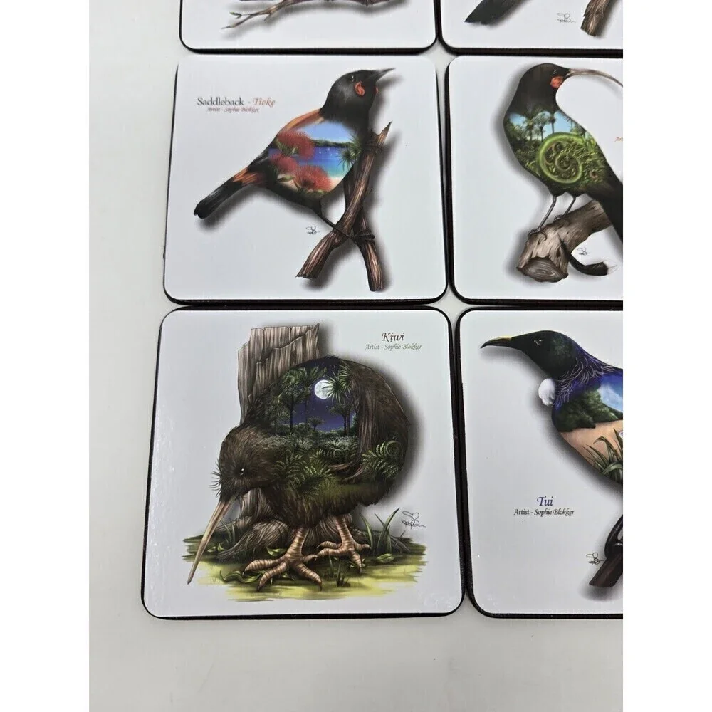 VINTAGE NEW ZEALAND BIRDS EYE VIEW COASTERS SET OF 6 SOPHIE BLOKKER ARTIST BOX